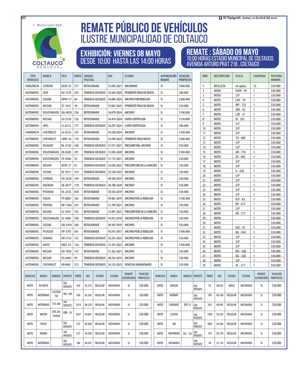 Remate público de automóviles, camionetas y motocicletas.